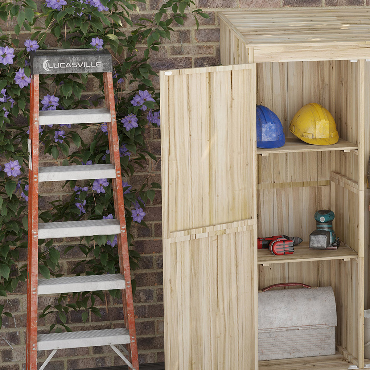 Armadio da giardino, armadio ripostiglio in legno, 2 ripiani, 2 ante, tetto inclinato, 120 x 57 x 183 cm, legno naturale