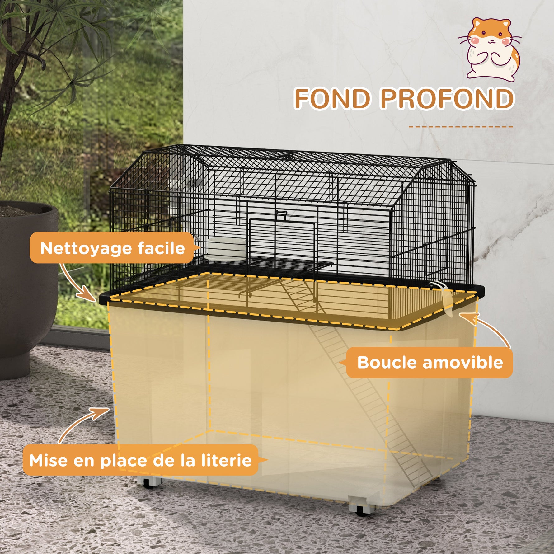 Cage hamster cage rongeur 2 étages avec roulettes plate-forme et échelle en fil d'acier 57 x 43 x 57 cm noir