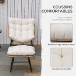 Fauteuil chaise de jardin avec repose-pieds en métal époxy et résine tressée aspect rotin avec coussins