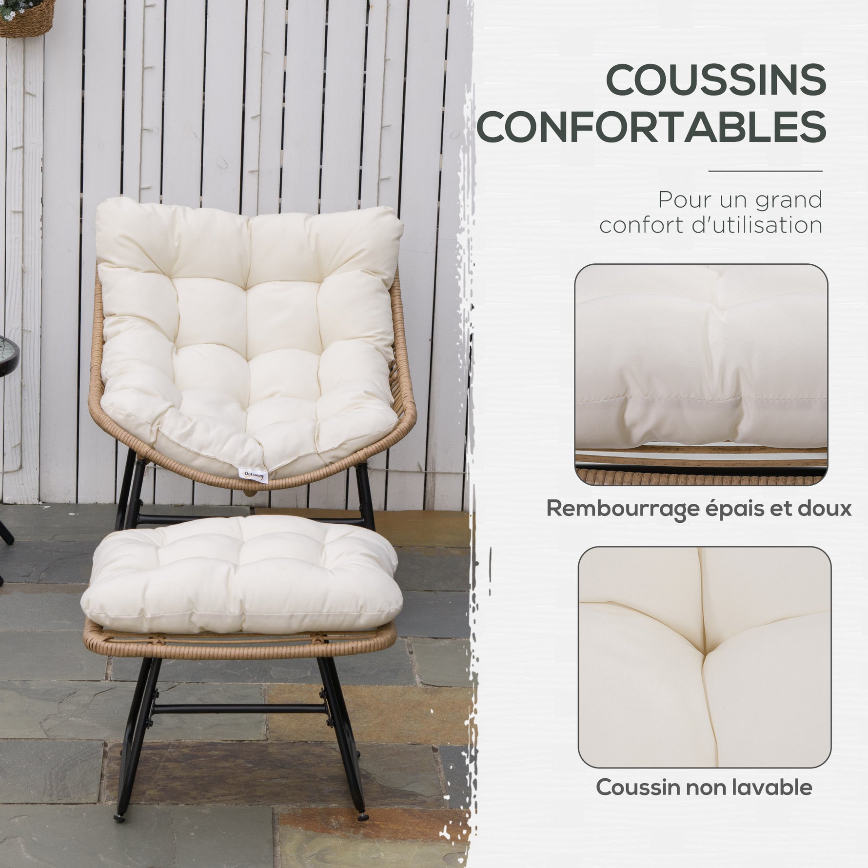 Fauteuil chaise de jardin avec repose-pieds en métal époxy et résine tressée aspect rotin avec coussins