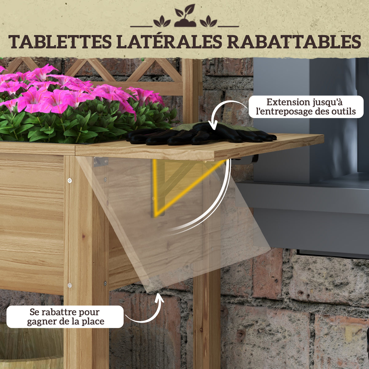 Jardinière rectangulaire sur pieds avec treillis 2 tablettes latérales rabattables 1 étagère inférieure bois