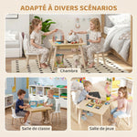 Ensemble 1 table et 2 chaise 3 pièces pour enfants avec plateau réversible espace de rangement bois naturel