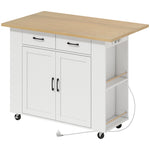 Îlot de Cuisine avec Station de Charge, Chariot de Cuisine à Roulettes avec Plan de Travail Rabattable, 2 Tiroirs, Blanc
