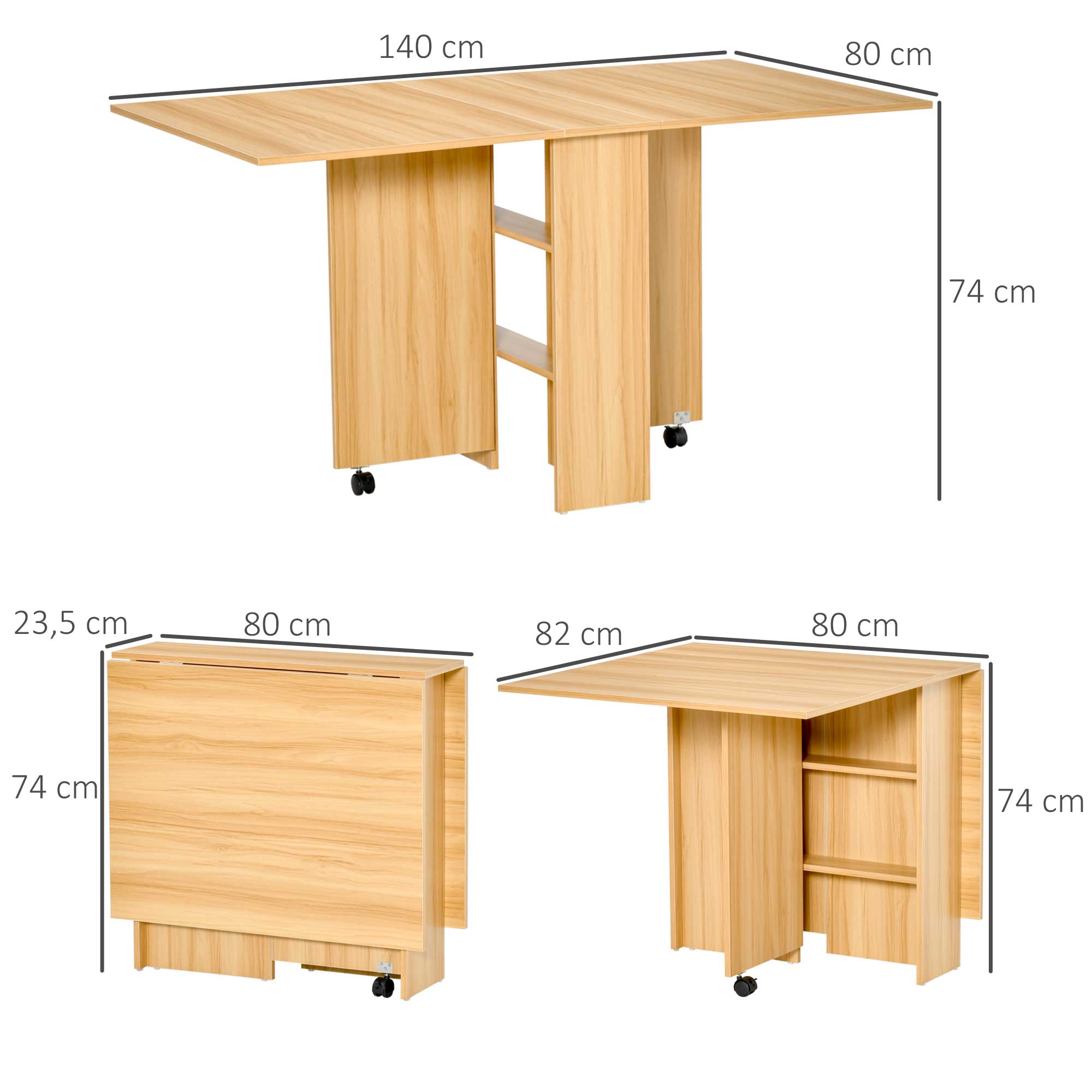 Table pliante de cuisine salle à manger amovible sur roulettes 80L x 140l x 74H cm 2 étagères intégrées en bois coloris bois naturel
