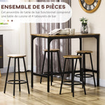 Ensemble table haute et 4 tabourets avec Repose-Pieds, métal noir et aspect bois pour cuisine salle à manger