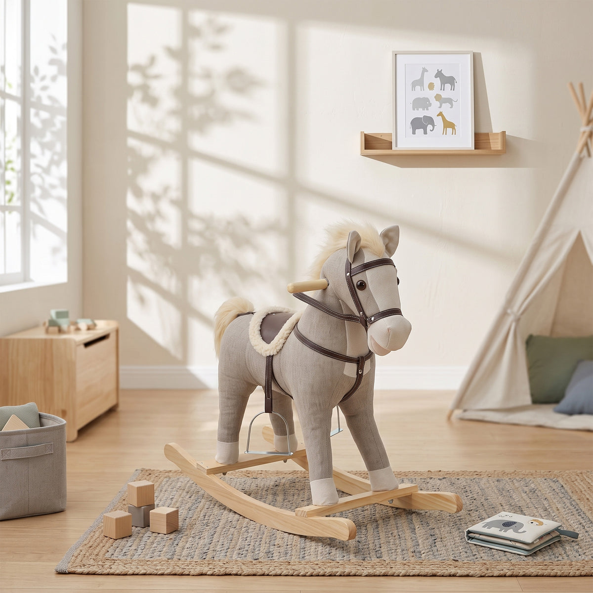 Cheval à bascule pour enfants, jouet à bascule bébé en tissu effet lin avec effets sonores et poignées de sécurité, gris