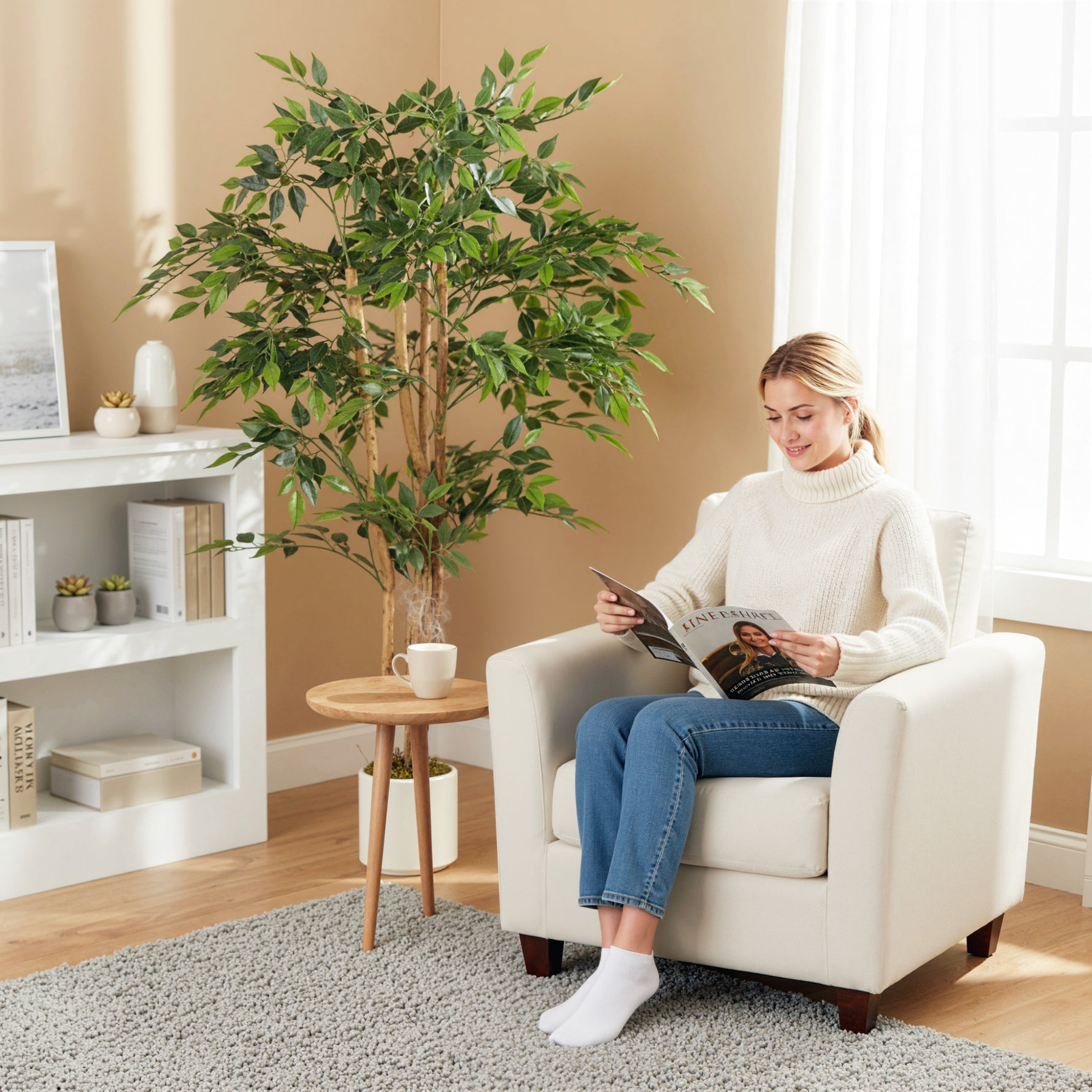 Plante artificielle intérieure 150 cm banian arbre artificiel, pot en plastique et tronc en bois massif, vert