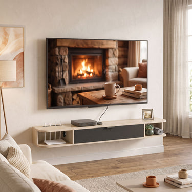 Meuble TV suspendu, meuble télé pour téléviseur jusqu'à 60 pouces, tiroir rabattable 2 étagères 140x24x16cm bois naturel
