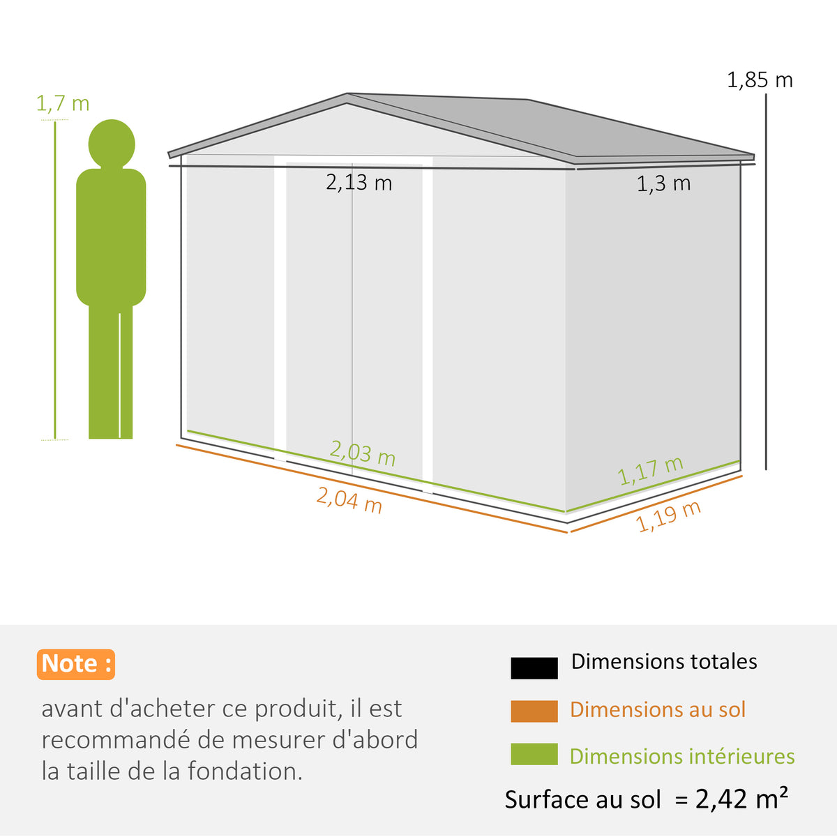 Abri de Jardin 2,42 m² - Remise pour Outils avec Kit de Fondation - Cabanon Porte Verrouillable - Tôle d'Acier Gris