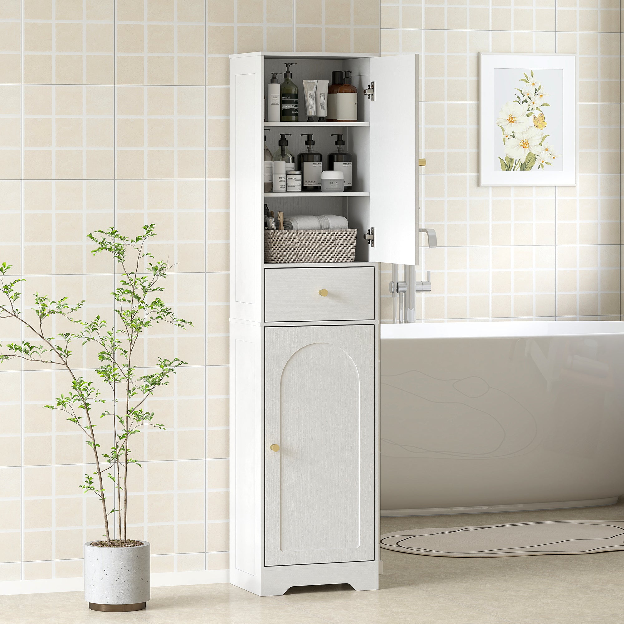 Armoire salle de bain haute meuble de rangement colonne avec placards tiroir et étagères réglables 40x29,5x170cm blanc
