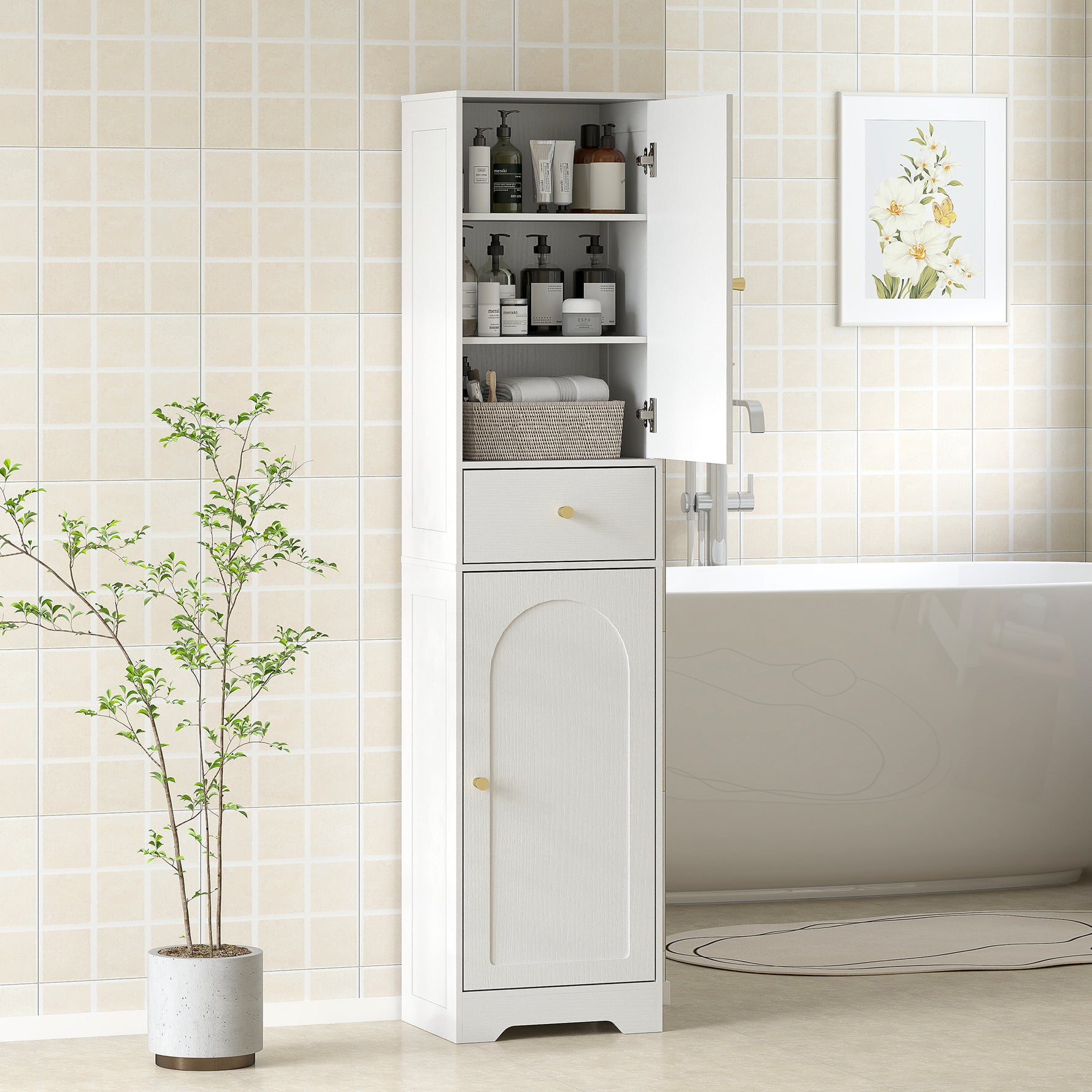 Armoire salle de bain haute meuble de rangement colonne avec placards tiroir et étagères réglables 40x29,5x170cm blanc