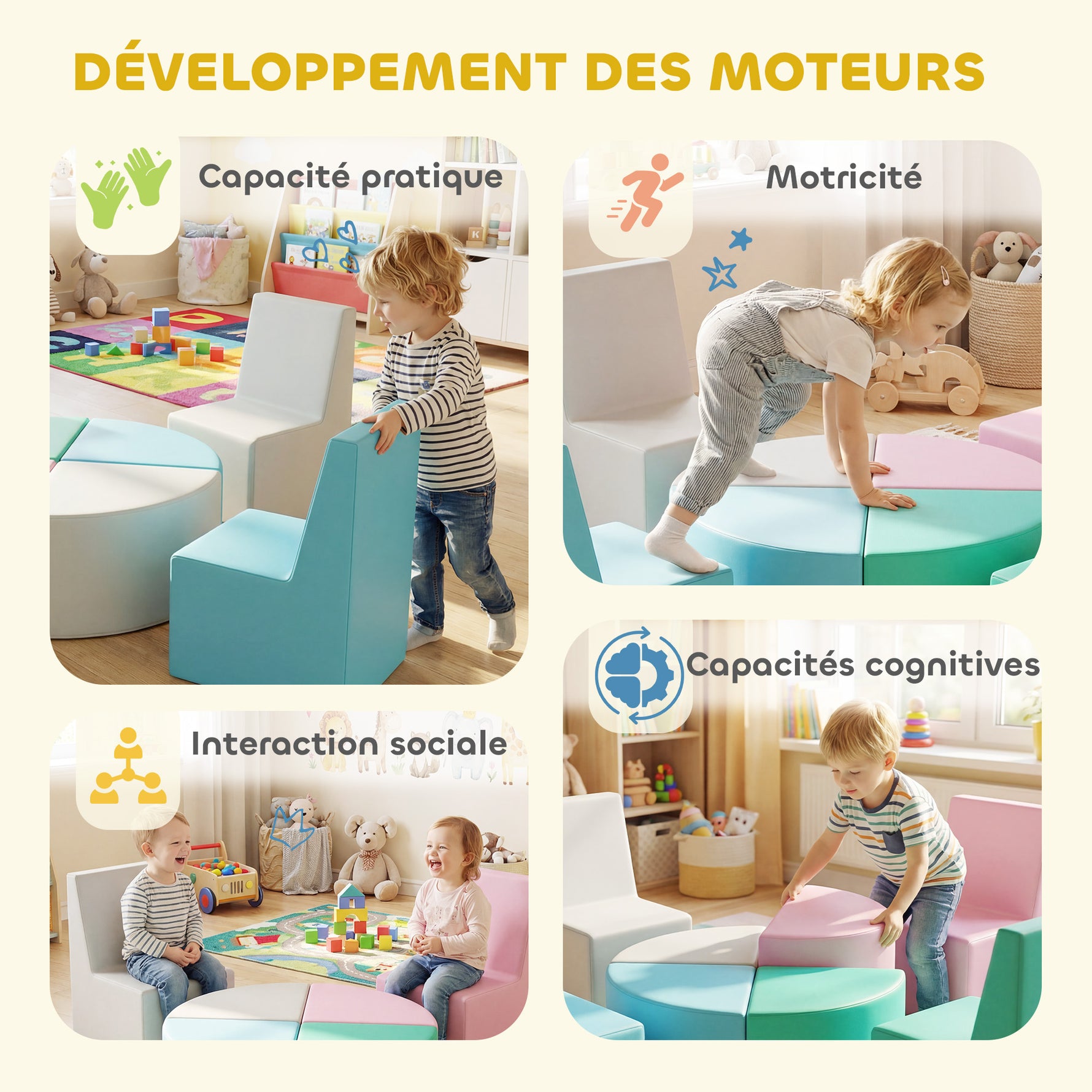 Parcours motricité bébé 8PCS, module motricité bébé mousse EPE et housse en PU, design table et chaises, multicolore