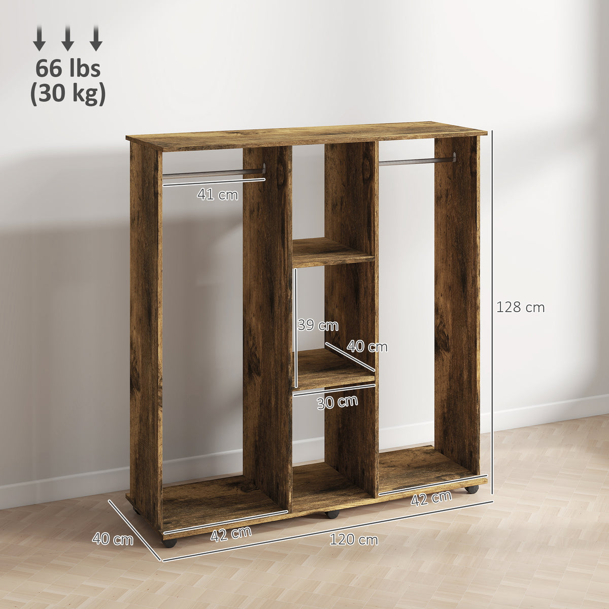 Armadio guardaroba mobile con 6 ruote, 120 x 40 x 128 cm, in legno marrone