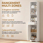 Meuble de salle de bain haut, meuble de rangement avec porte, tiroir, compartiments ouverts, étagère réglable, blanc
