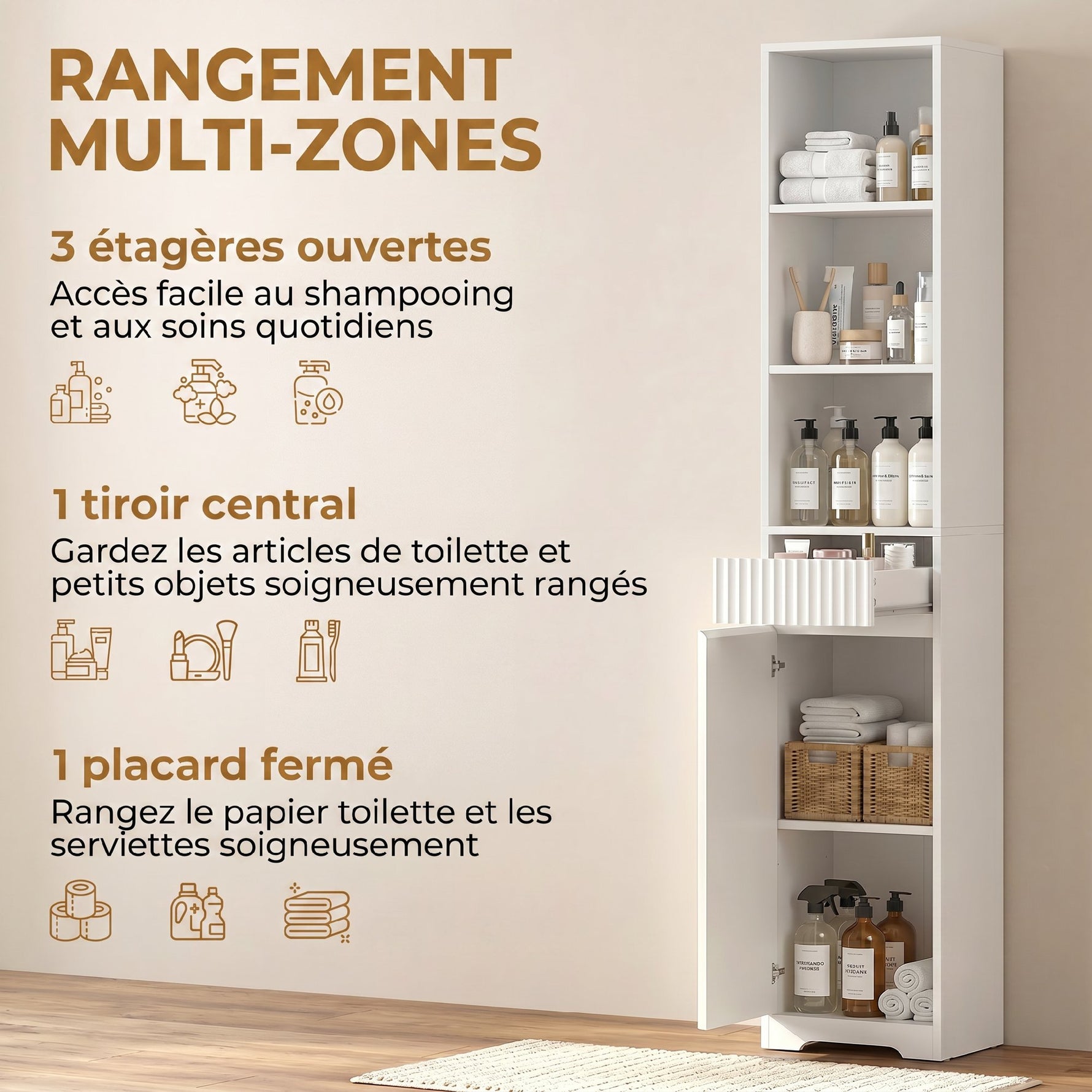 Meuble de salle de bain haut, meuble de rangement avec porte, tiroir, compartiments ouverts, étagère réglable, blanc