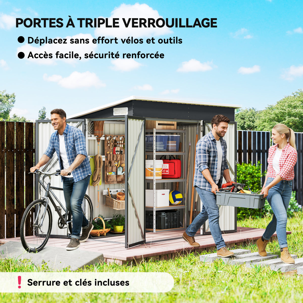 Abri de jardin en métal cabane jardin extérieure triple porte verrouillable toit incliné aérations 234x132x185cm gris