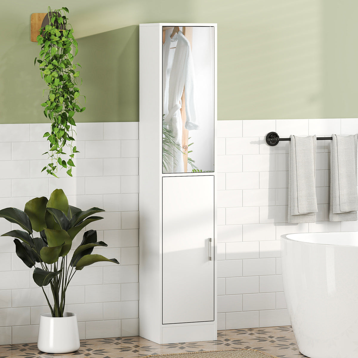 Meuble colonne salle de bain avec miroir, meuble de rangement à 6 niveaux 2 portes étagères réglables 32x28x162cm blanc
