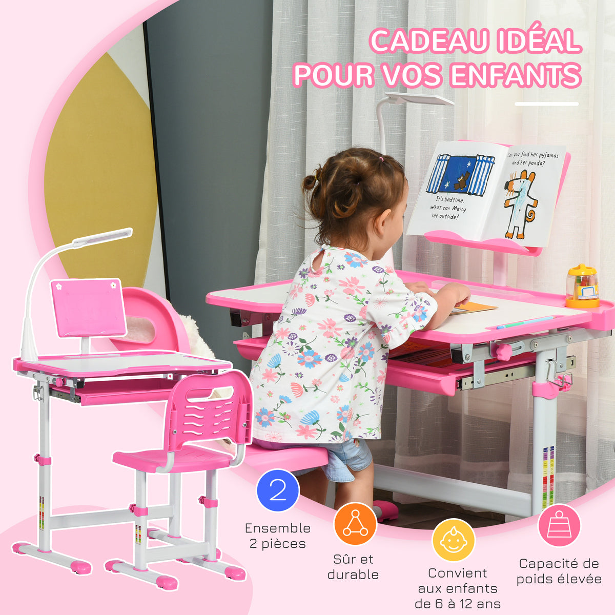 Ensemble chaise et bureau pour enfants avec lampe LED hauteur réglable plateau incliné support de lecture rose