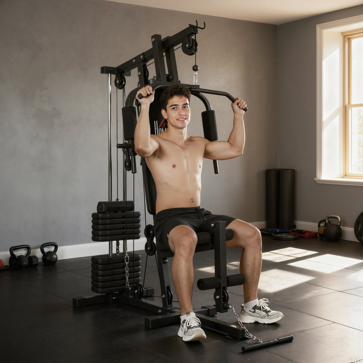 Stazione Multifunzione con Pacco Pesi da 65 kg, Doppia Carrucola, Nero