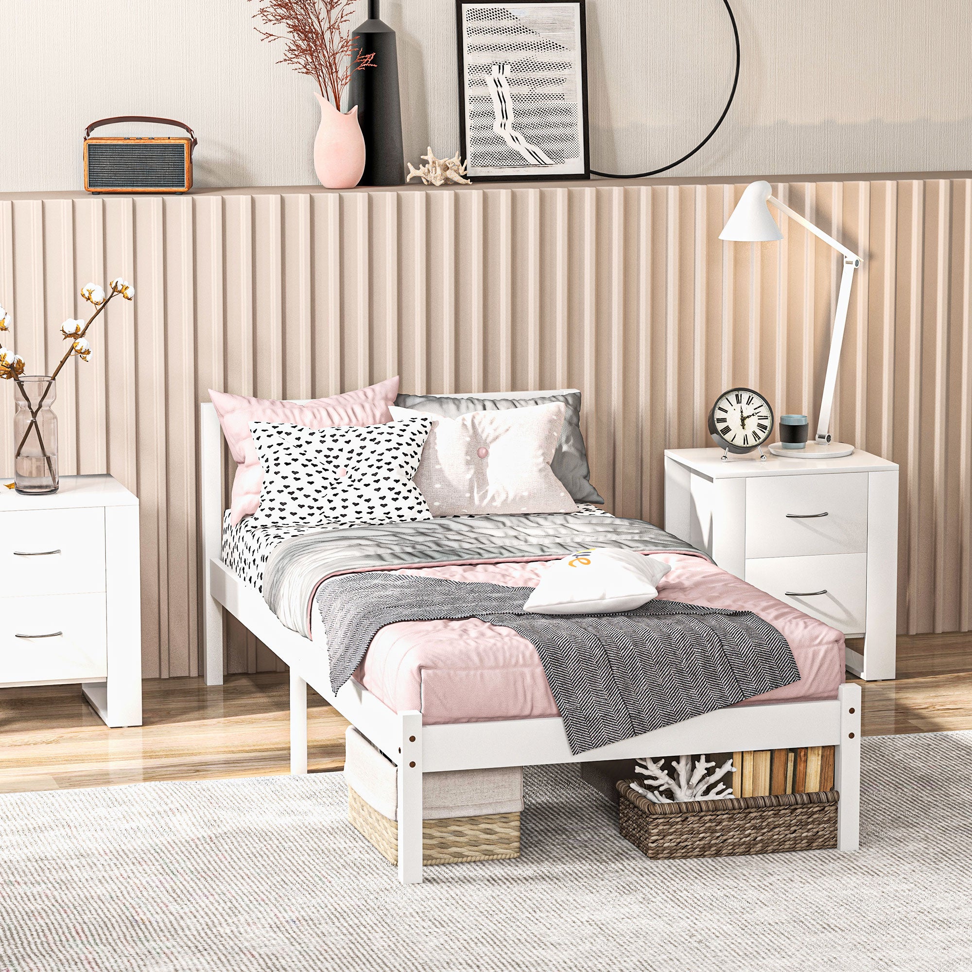 Massivholzbettgestell 90x190 cm Einzelbett mit Kopfteil und stabilem Lattenrost für Kinder und Erwachsene