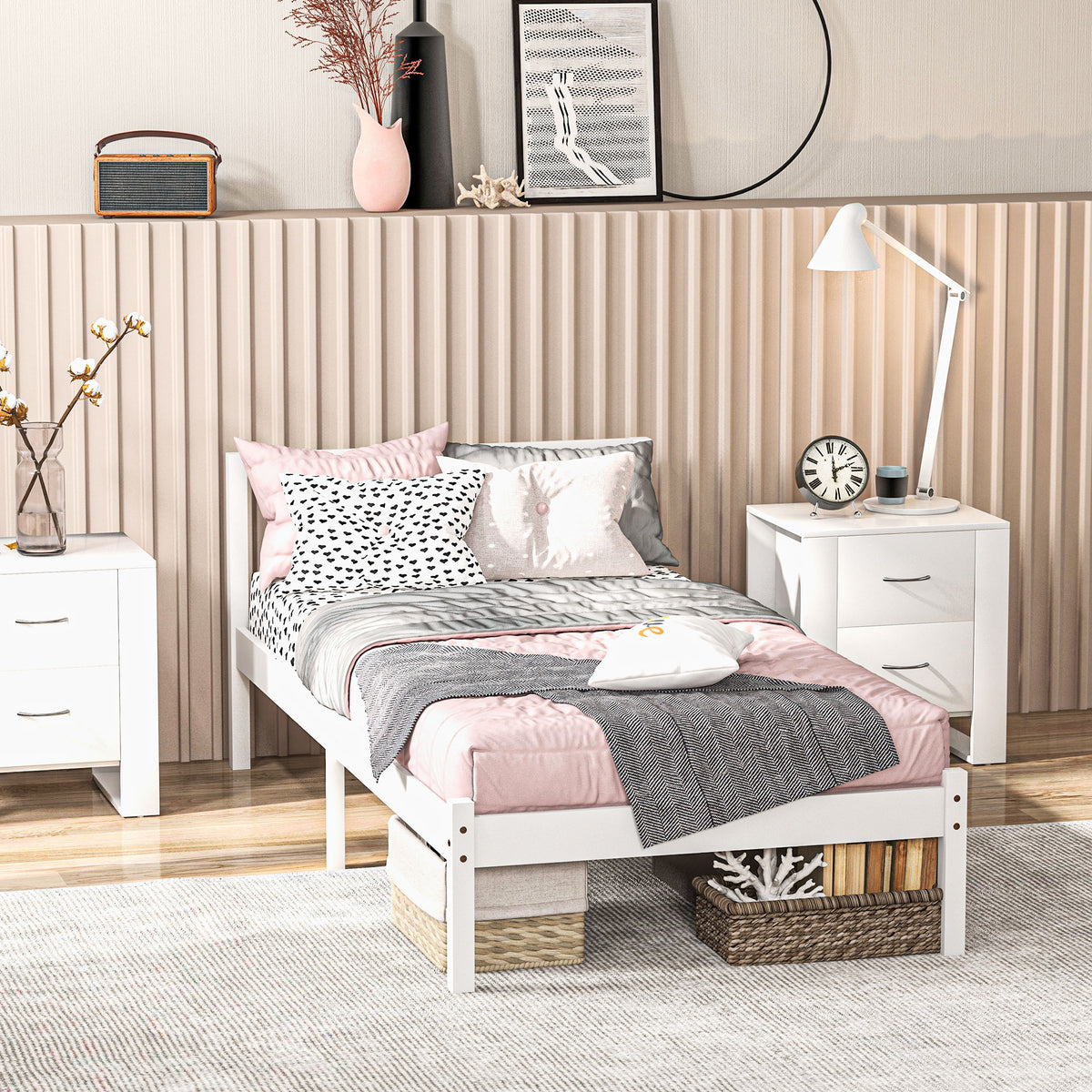 Estructura de cama de madera maciza 90x190 cm, cama individual con cabecero y somier de láminas resistente para niños y adultos