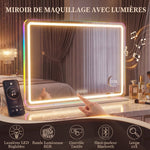 Miroir maquillage lumineux 80x60cm, miroir coiffeuse LED dimmable, lumière RGB, 3 températures de couleur, blanc