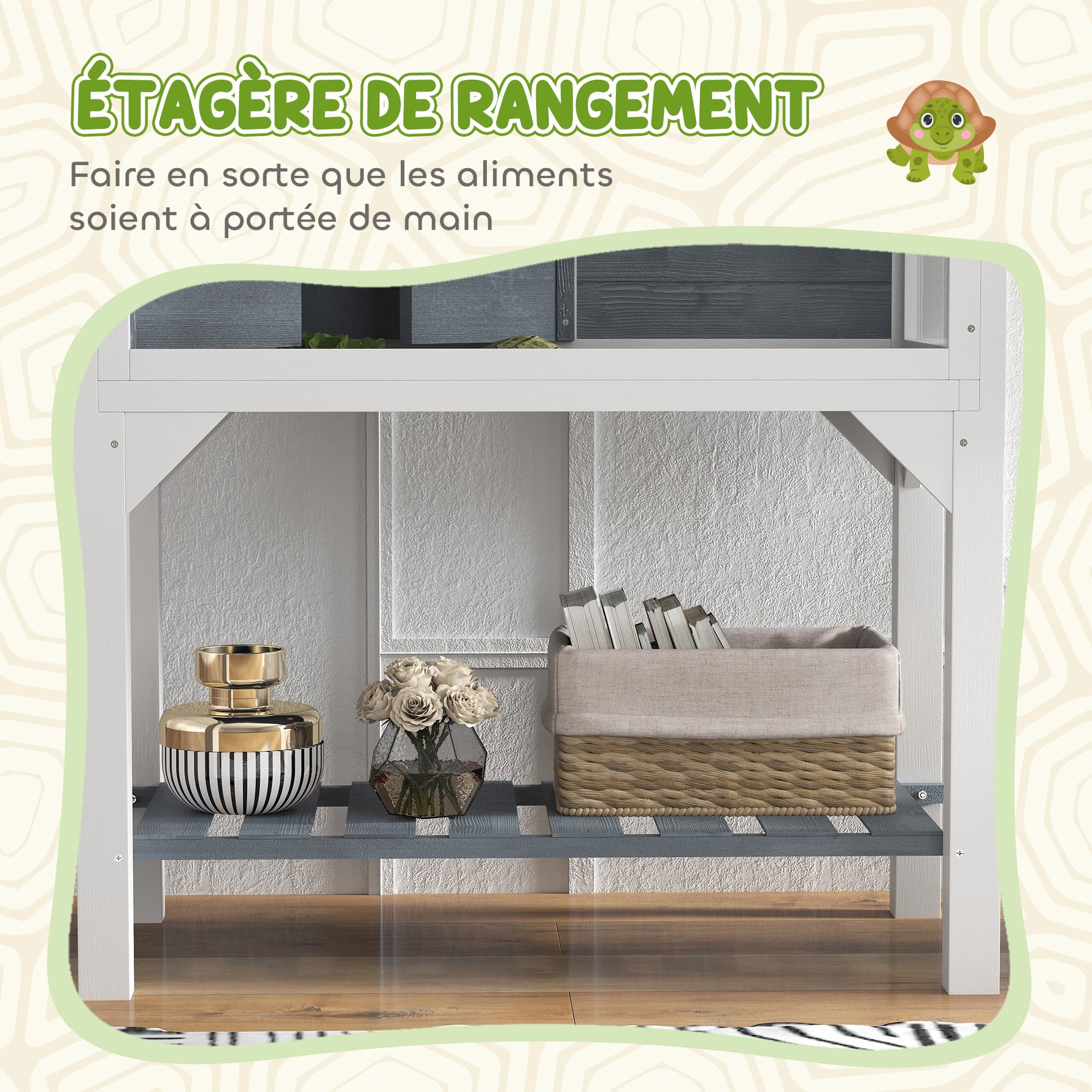 Maison pour tortues terrarium tortue terrestre sur pieds 2 zones toit ouvrant zone interactive 84,5 x 47,5 x 90 cm gris