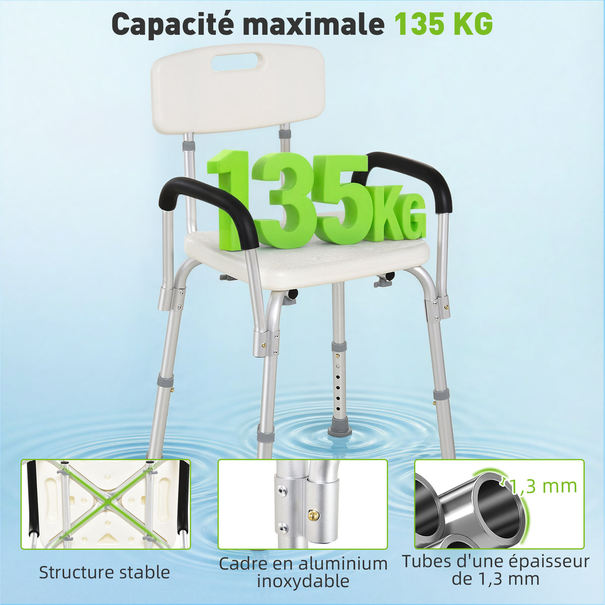 Chaise de Douche siège de Douche Ergonomique Hauteur réglable Pieds antidérapants Dossier accoudoirs Amovibles Charge Max. 136 Kg alu HDPE Blanc