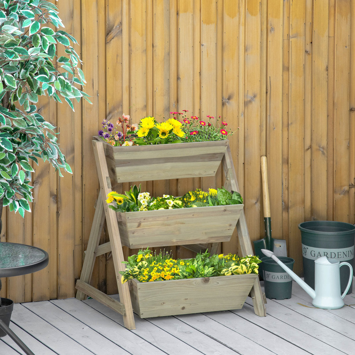 Jardinière sur Pieds carré Potager 3 étages 71L x 61l x 77H cm Inserts d'irrigation Feutre de Drainage Bois-9