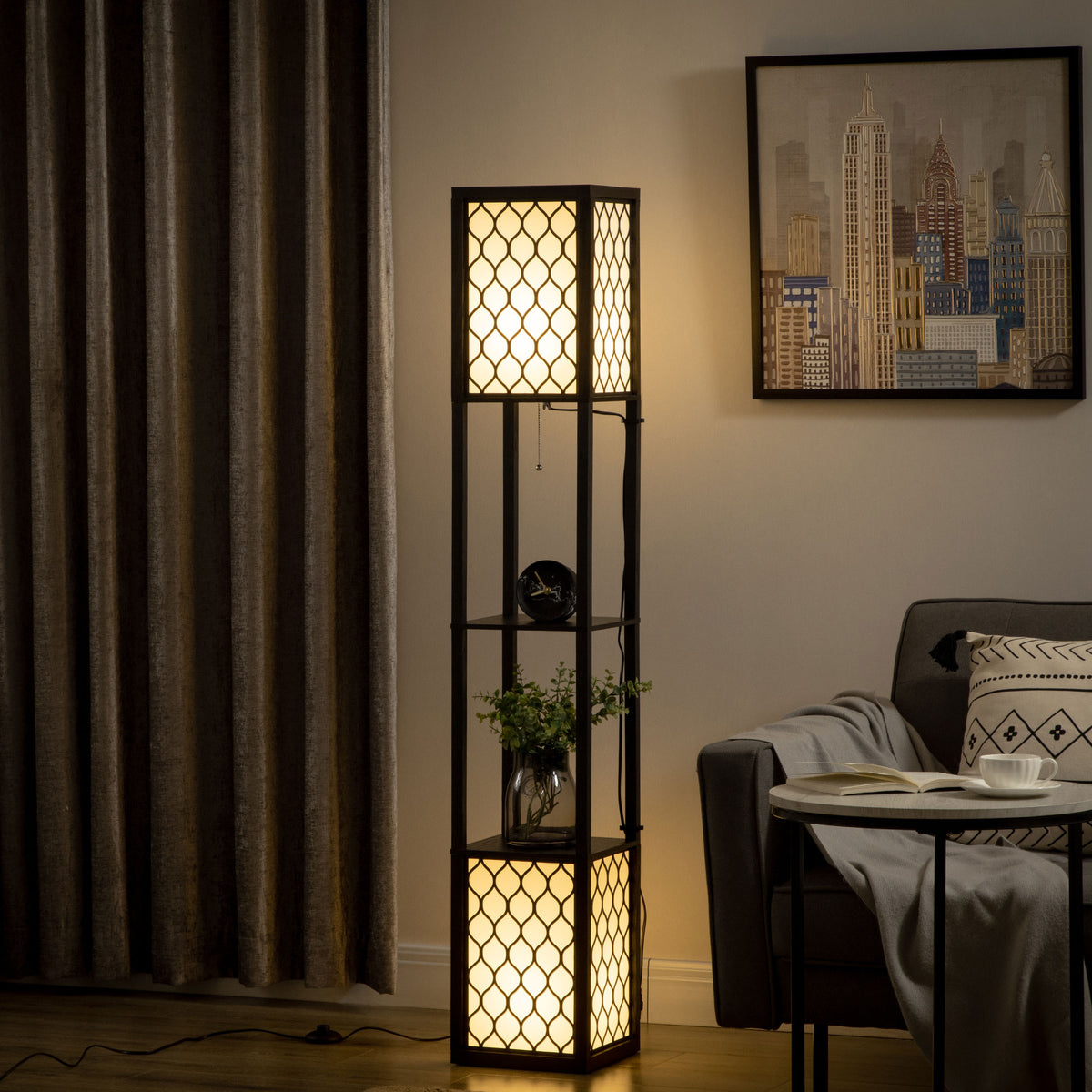 Lampadaire étagère 2 lampes 2 étagères 4 niveaux MDF noir motif nid d'abeille 26 x 26 x 156 cm noir