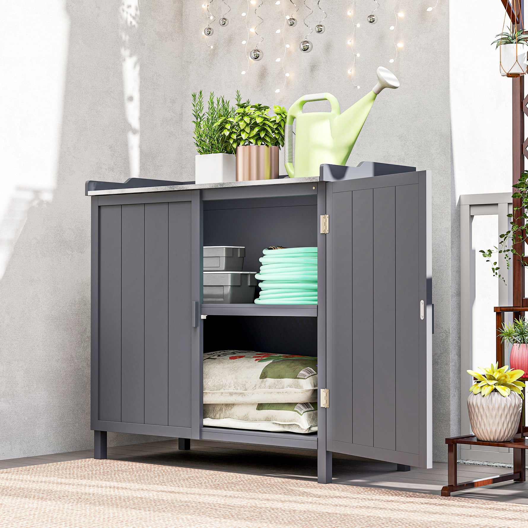 Armoire de rangement de jardin sur pied, table de rempotage 2 en 1 double porte, étagère, plateau métal galvanisé - gris