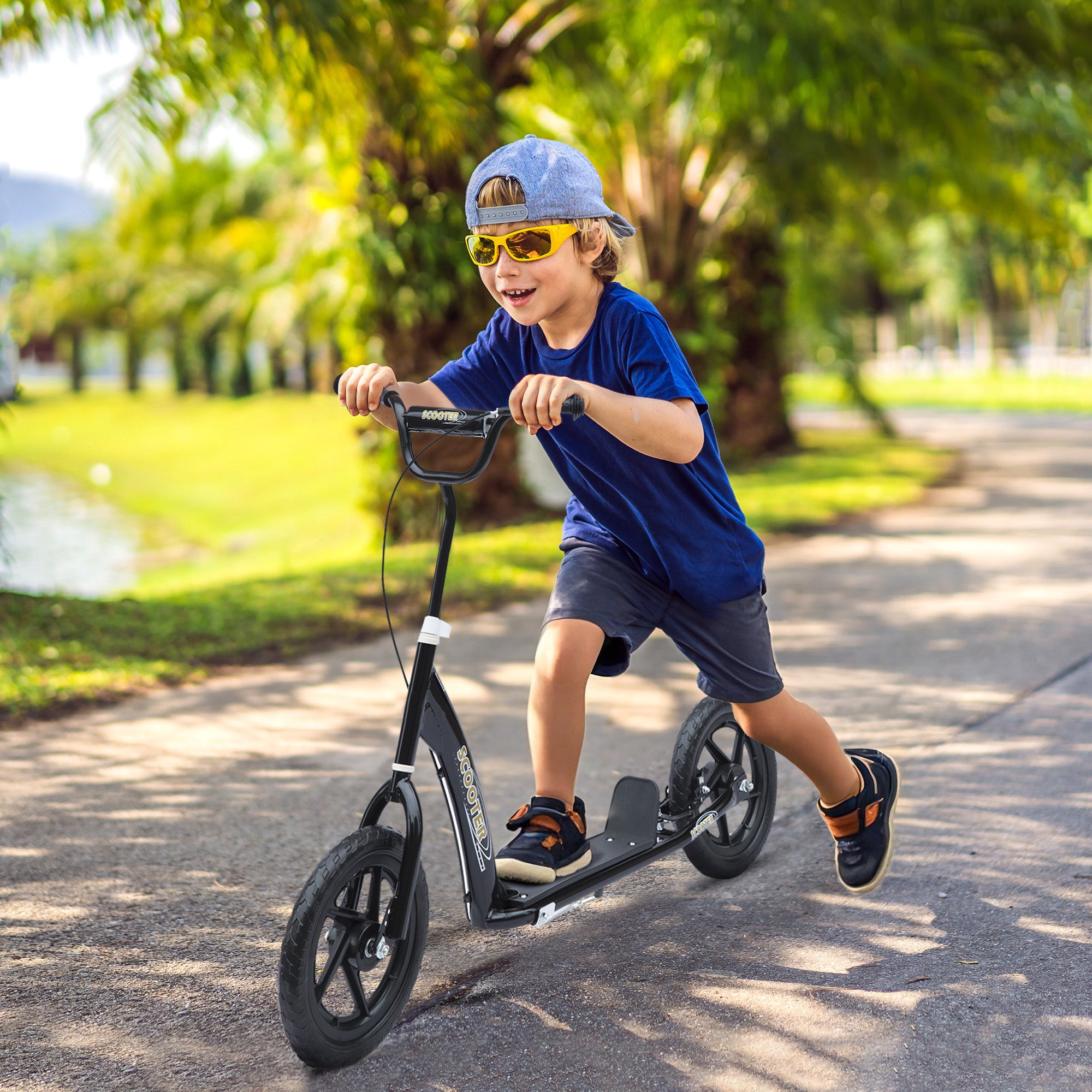 Trottinette enfant patinette pneus 30 cm Hauteur Guidon réglable poignée Frein et béquille Acier pour enfants à partir de 5 ans Noir