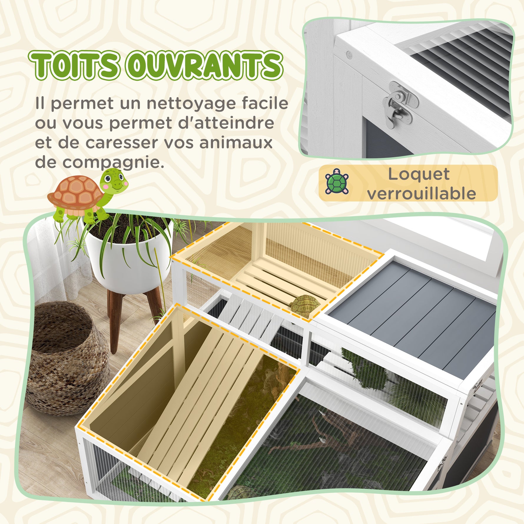 Maison enclos cage pour petit animal tortue avec 2 espaces toit en polycarbonate 3 portes rampe 115 x 115 x 82 cm gris