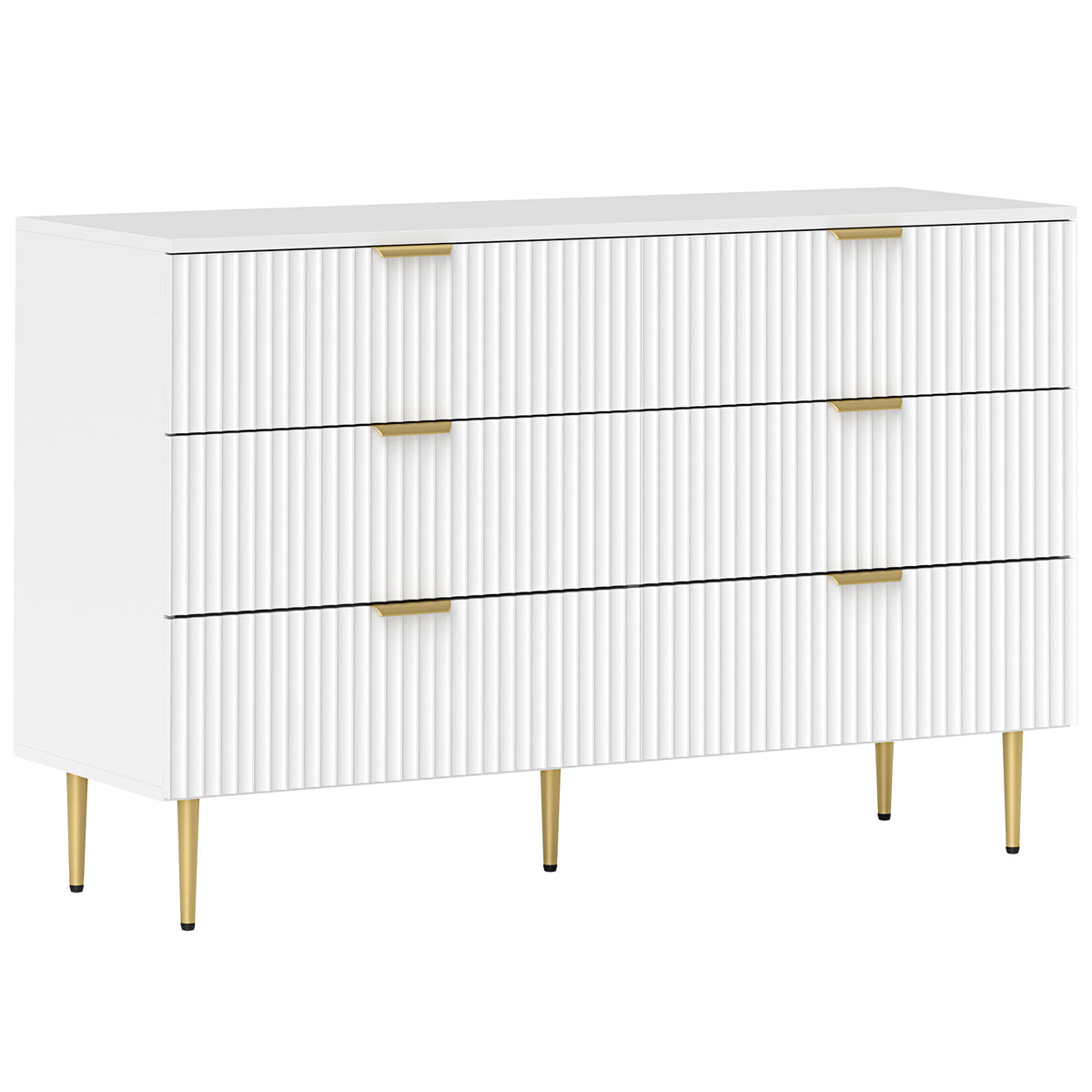 Kommode mit 6 Schubladen, Schlafzimmerkommode, modernes Aufbewahrungsmöbel mit goldenen Griffen und Füßen, 120 x 40 x 76,5 cm, weiß