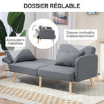 Canapé convertible 3 places design clic clac dossier inclinable et accoudoirs réglables tissu effet lin gris