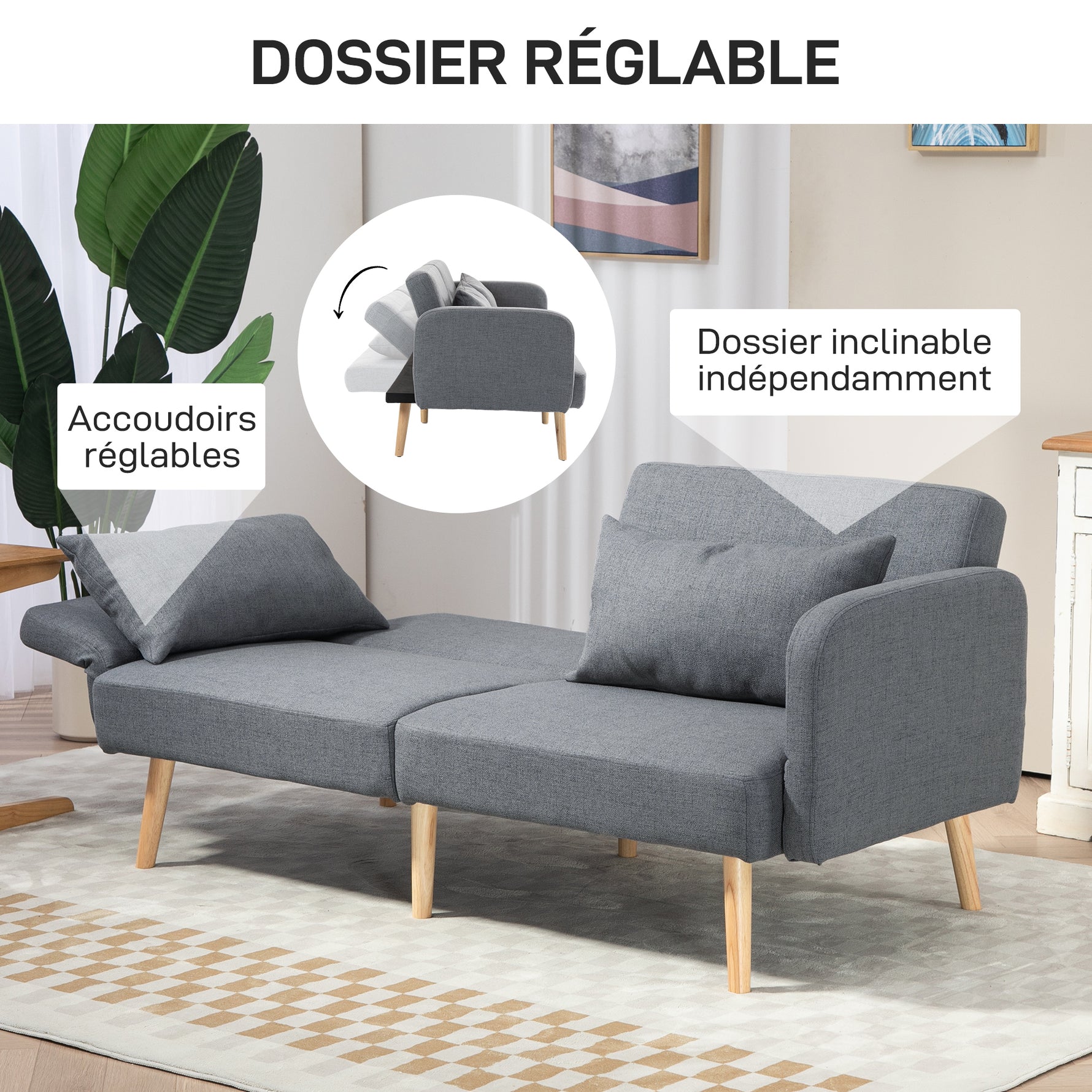 Canapé convertible 3 places design clic clac dossier inclinable et accoudoirs réglables tissu effet lin gris