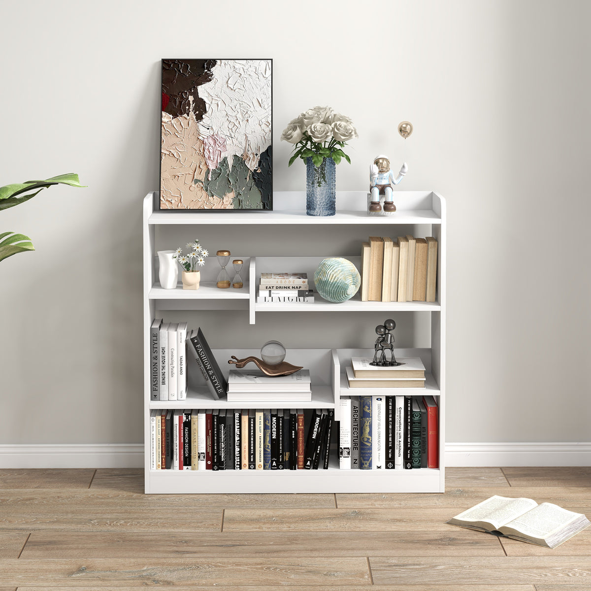 Bibliothèque étagère Meuble de Rangement dim. 90L x 24l x 91H cm 4 Niveaux 3 Panneaux arrières Panneaux de Particules Blanc