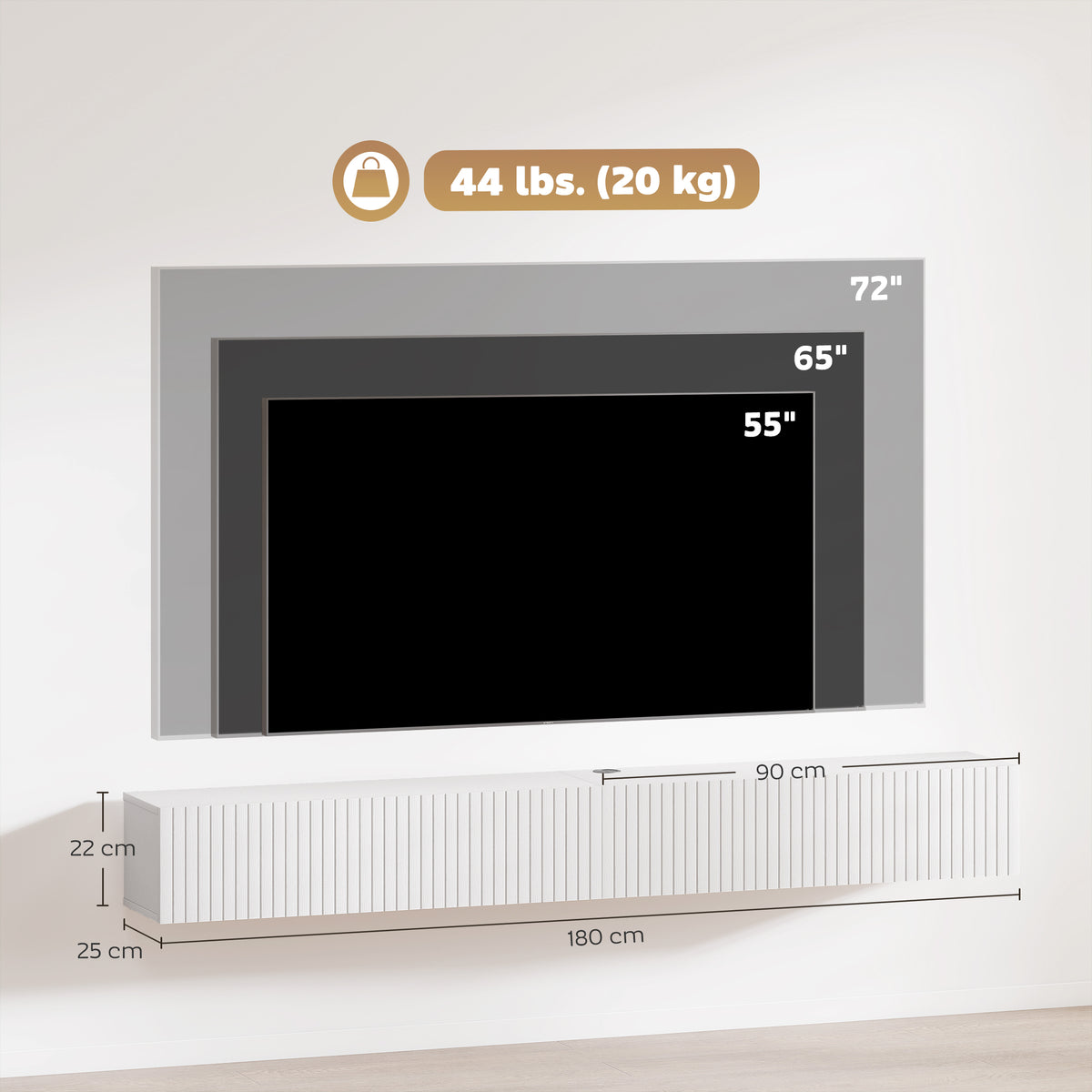 Meuble TV suspendu 180cm, meuble télé pour téléviseur 72 pouces, 2 portes rabattables, 180x25x22cm, blanc