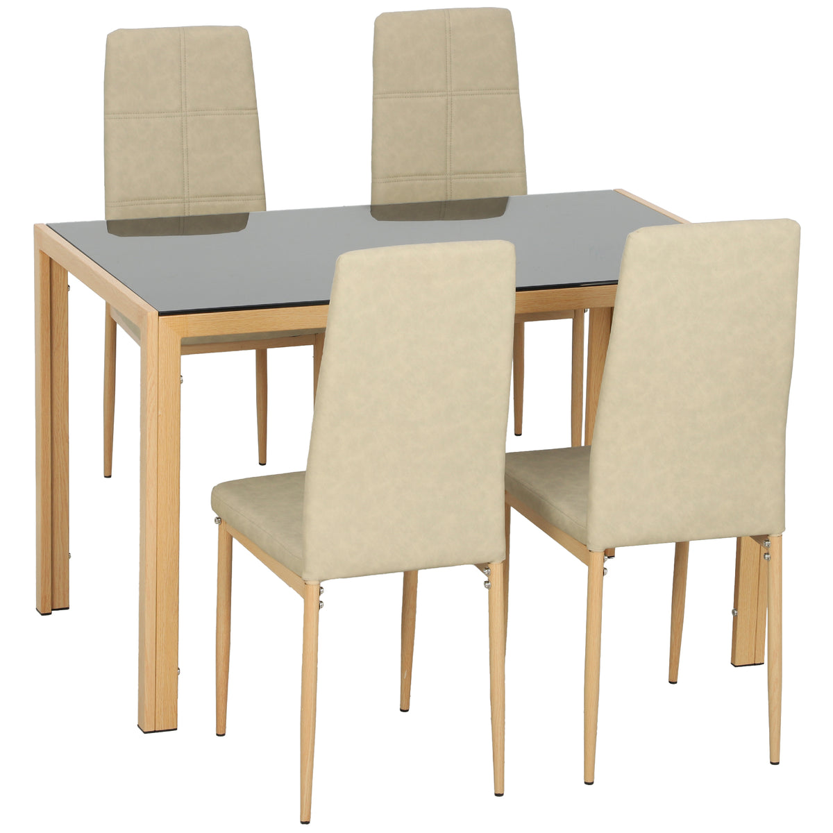 Esszimmer-Set mit 4 Stühlen aus Kunstleder, rechteckige Tischplatte aus gehärtetem Glas, 120x70x75cm, Natur