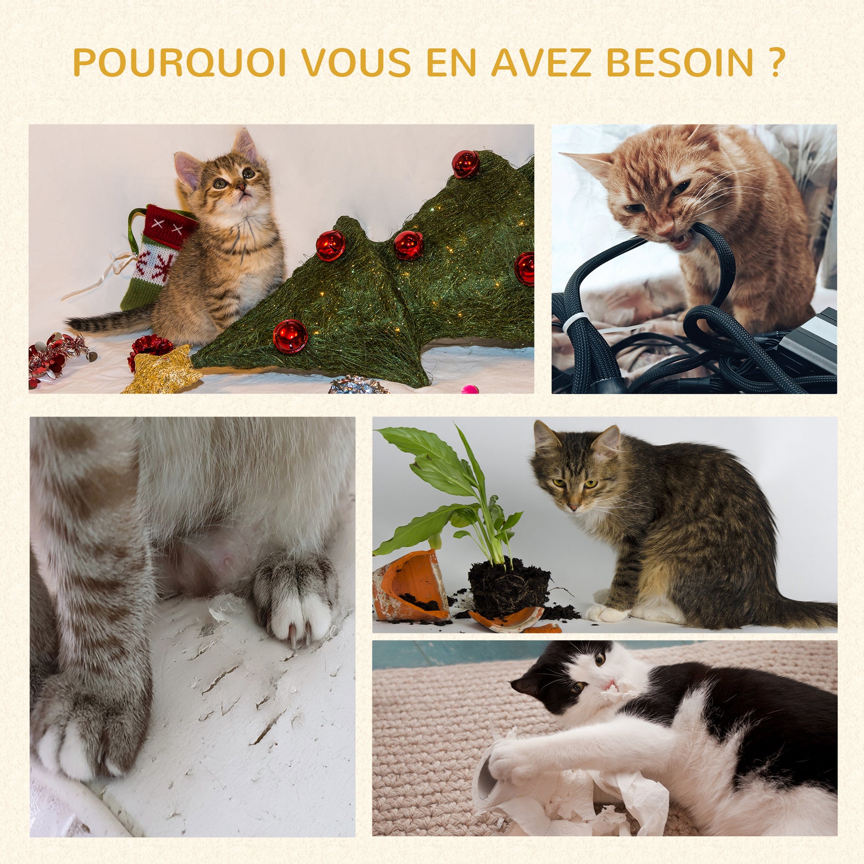 Arbre à chats multi-équipements griffoirs grattoirs plateformes niche jeu boule suspendue Ø 48 x 104H cm crème