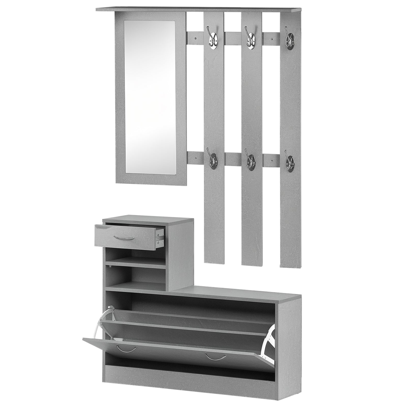 Ensembles 3 en 1 de meuble d'entrée vestiaire avec panneau porte-manteau, miroir et banc à chaussures - 6 crochets et étagère réglable, effet béton gris