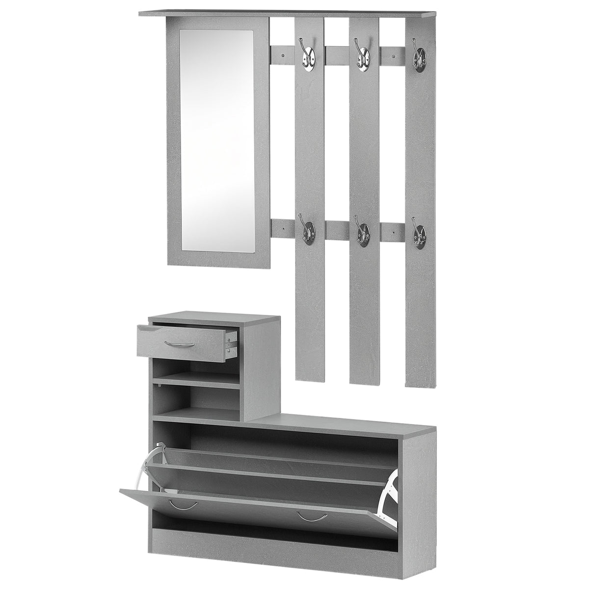 Ensembles 3 en 1 de meuble d'entrée vestiaire avec panneau porte-manteau, miroir et banc à chaussures - 6 crochets et étagère réglable, effet béton gris
