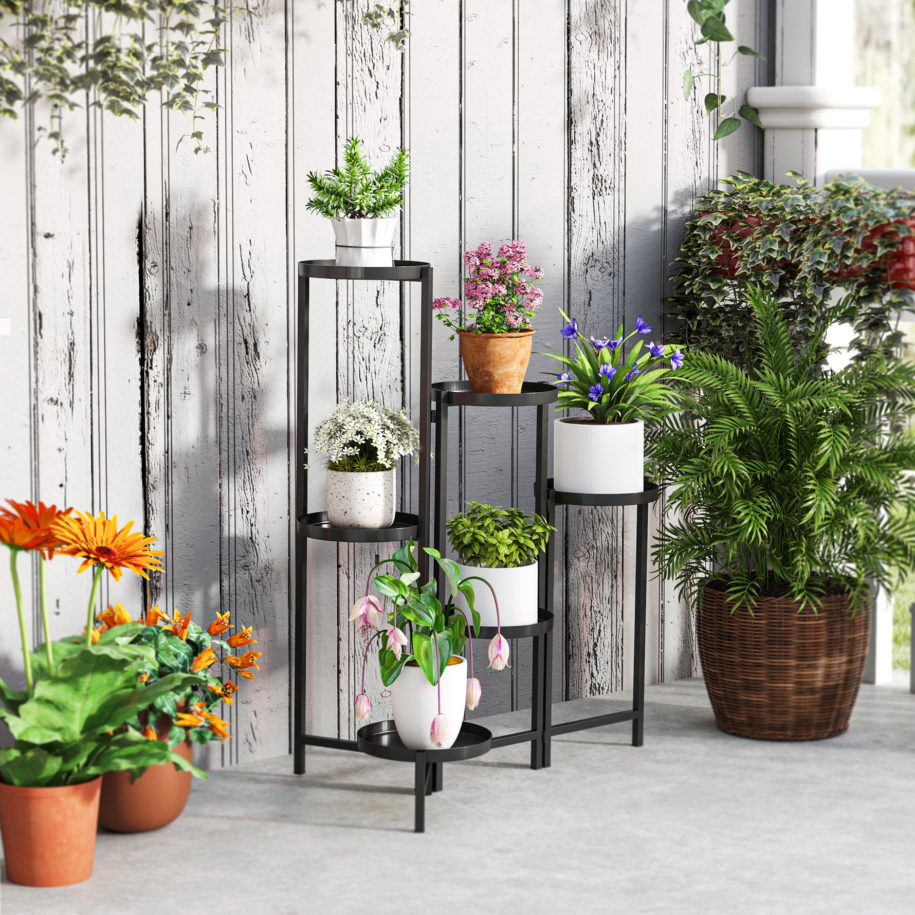 Support pour plantes 6 niveaux étagère plante ajustable et pliable en métal design sans vis porte 60 x 40 x 80 cm noir