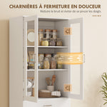 Buffet haut cuisine, armoire de cuisine, 4 portes dont 2 en verre, tiroirs, étagères réglables, 60x35x180cm, blanc