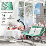 Banquette banc de jardin 2 places en acier et cordage en résine avec 2 coussins - dim. 132L x 72l x 83H cm - vert foncé