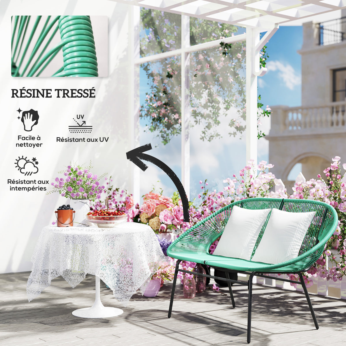 Banquette banc de jardin 2 places en acier et cordage en résine avec 2 coussins - dim. 132L x 72l x 83H cm - vert foncé