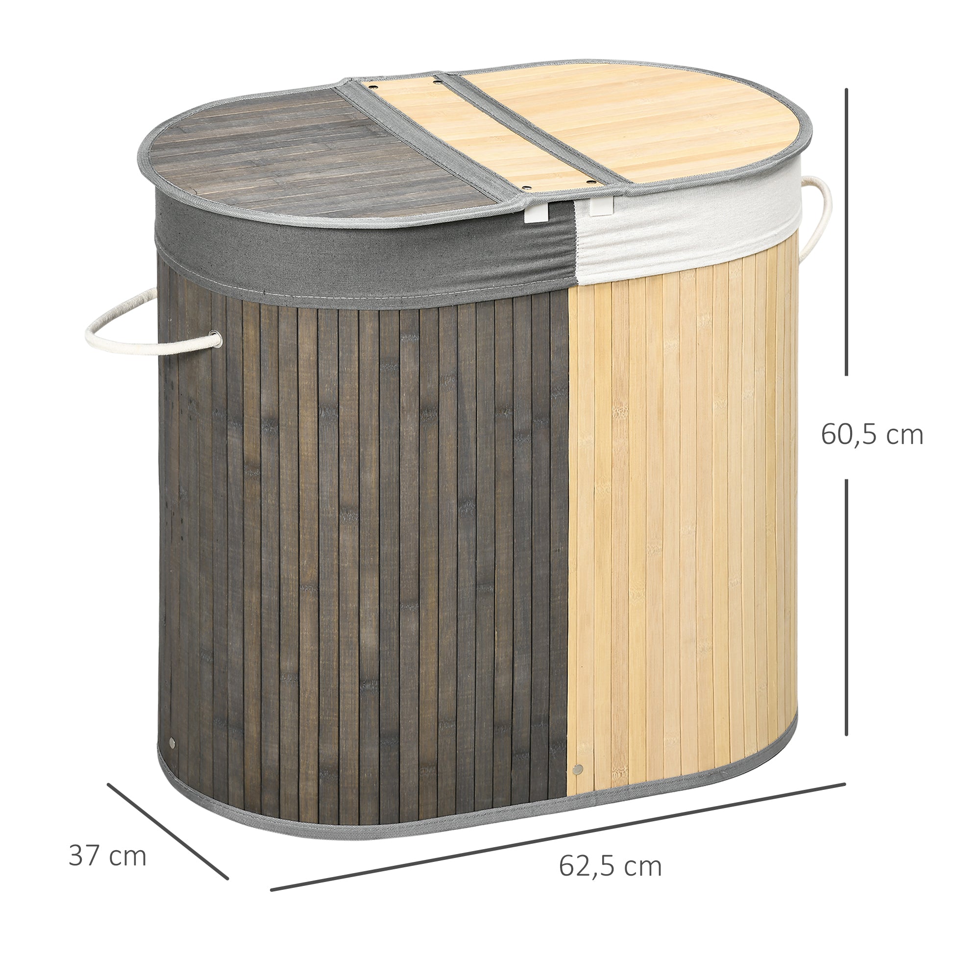 Bamboe wasmand van 100 l met 2 vakken, deksel en uitneembare zak, 62,5 x 37 x 60,5 cm – grijs