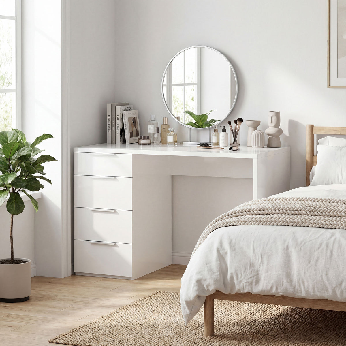 Bureau d'ordinateur à haute brillance avec 4 tiroirs, 110 x 60 cm, bureau avec rangement, style moderne, blanc