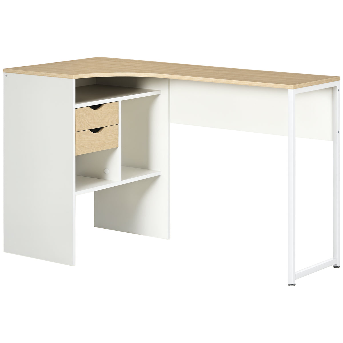 Bureau d'Angle avec 2 Tiroirs, 120 x 60 cm, Bureau en L avec 3 Compartiments Ouverts, Table Informatique pour Étudier, Travailler, Chambre, Maison, Chêne Clair