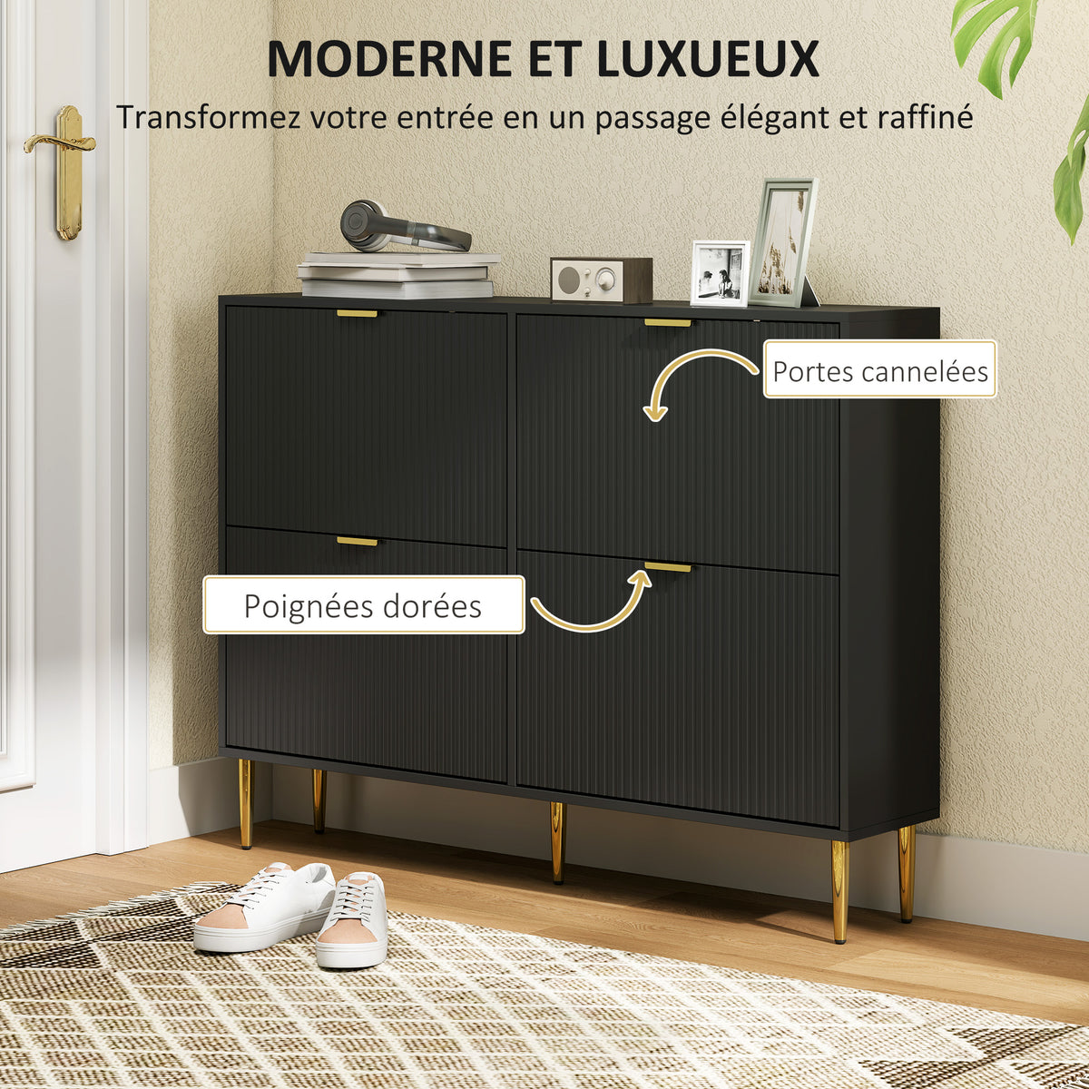 Meuble à chaussures 20 paires avec 4 tiroirs rabattables, portes cannelées et étagères réglables, 105x24x91,5cm, noir